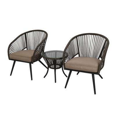 China Modern cheap outdoor furniture rattan chair and table outdoor small bistro sets with waterproof polyester cushion for sale