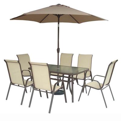 China Modern Comfort Iron Garden Dining Water Tempered Glass Tables And Waving Chair Set With Umbrellas for sale