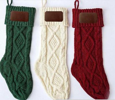 China 46cm Christmas Knitted Stocking Top With Leather Patch Gift Bag Home Decoration for sale