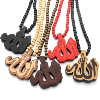 China Europe and America Allah Necklace Street Dance Jewelry Muslim Wooden Pendant Hip Hop Necklace for sale