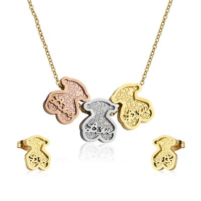 China 2022 Europe and America Letter Bear Necklace Women Stainless Steel Jewelry Set Romantic Hot Selling Titanium Steel Bear Earrings for sale