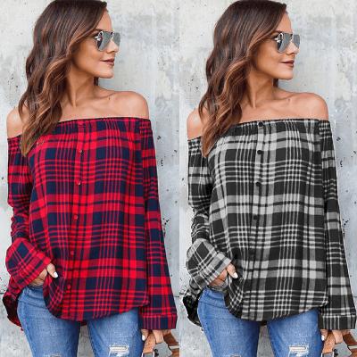 China Wholesale Cheap Women Breathable Spring Neck Red Black Single Button Slash Plaid Long Sleeve Fashion Blouse for sale