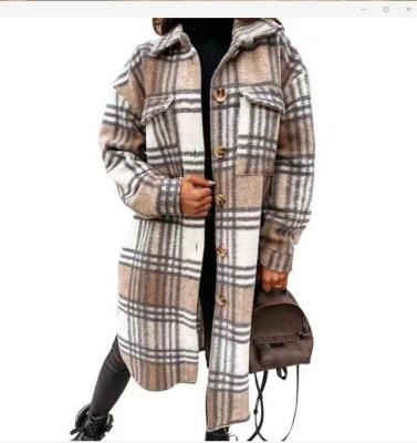 China Anti-wrinkle autumn winter coats for women 2021 long lapel pocket plaid coats long brown fleece woolen plaid coat jacket shirt for women for sale