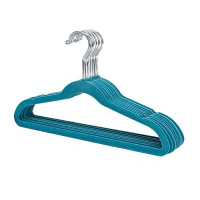 China Eco-friendly Material Velvet Hanger Flocked Space Saving Blue Velvet Adult Clothes Coat Hanger for sale