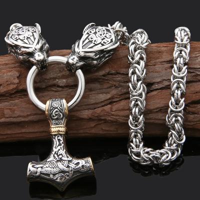 China 2021 CLASSIC 2021 Trade Assurance Viking Gold&Silver Great Thor Hammer Necklace Stainless Steel Wolf Pending Head Handmade Accessories for sale