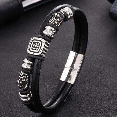 China CLASSIC 2020 new european and american light brown brown braid black punk leather bracelets for men cool stainless steel bracelets men for sale