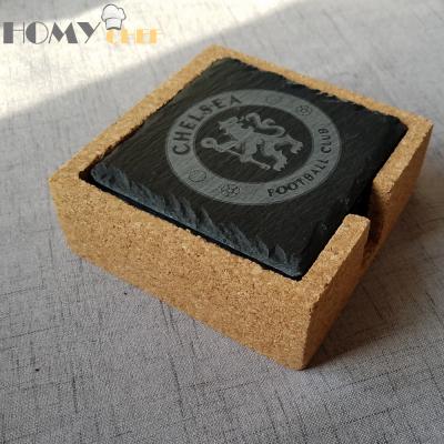 China Sustainable Natural Popular Design Black Customs Stone Natural Stone Coasters For Chelsea Football Team With Laser Logo for sale