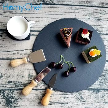 China Hot Selling Home Dinnerware Party Style Round Slate Cheese Dish With Wooden Handle Knives Set for sale