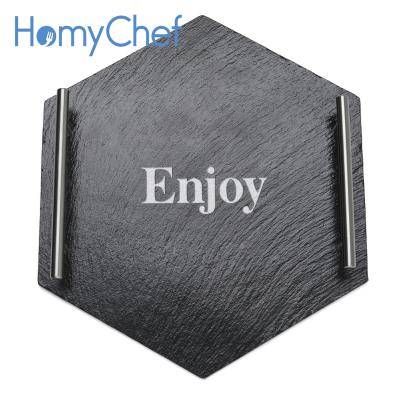 China Homychef new style disposable dessert natural black slate serving tray in hexagon shape 30*26cm with logo for sale