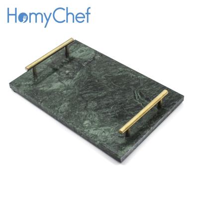 China India Green Serving Tray Built Marble Rectangle Serving Tray With Stainless Steel Handle 30*20cm for sale