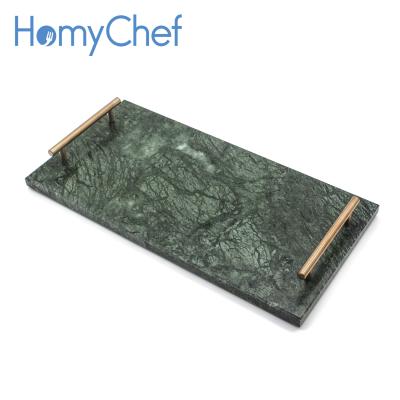 China Green Serving Tray Homychef India Marble Rectangle Serving Tray With Stainless Steel Handle 40*20cm for sale