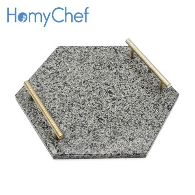 China New Sustainable Homychef Style Natural Granite Hexagon 30*26cm Serving Tray With Stainless Steel Handles for sale