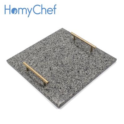 China Homychef Sustainable Modern Natural Granite Square Serving Tray 30*30cm With Stainless Steel Handles for sale