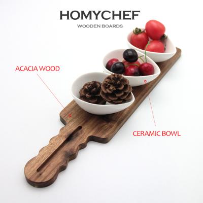 China Custom popular design natural acacia palette disposable with ceramaic cups for sale