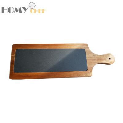 China Disposable natural slate acacia wood tray 45cm rectangular wooden boards with slate board for sale