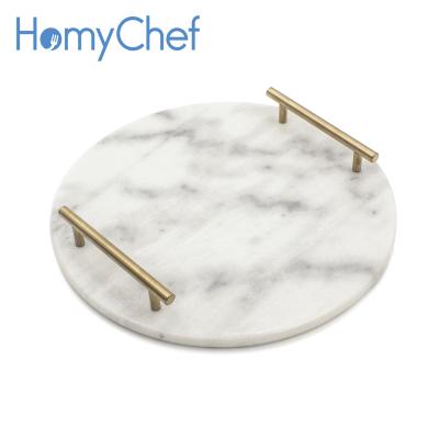 China Eco - Friendly Kitchenware Natual Round Marble Serving Tray With Stainless Steel Handles for sale