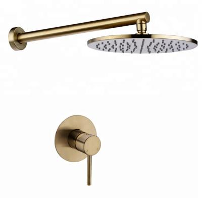 China Without Sliding Bar Gold Brushed Bathroom Solid Brass Shower Set Shower System Mixer Water Set 8-10 Inch Rain Shower for sale