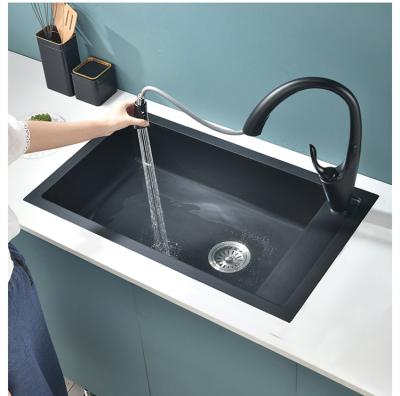 China Without Faucet Black Quartz Stone Single-Bath Large Single-Bath Faucet Kitchen Sink Countertop Sink Set for sale