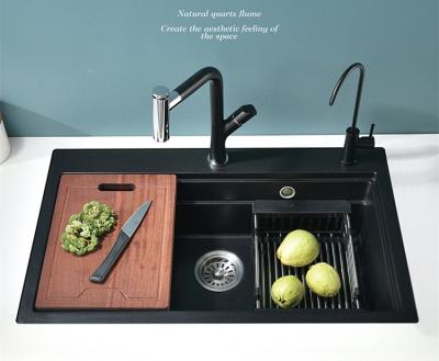 China Without Faucet Large Single Bowl Quartz Stone Sink Black Granite Kitchen Sink Over Counter Basin Manual Sink Set for sale