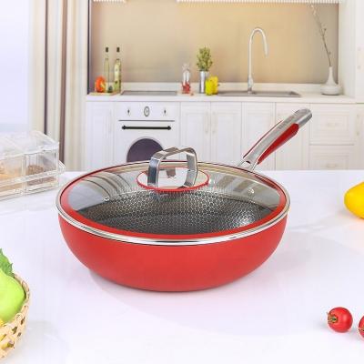 China Sustainable Customized Logo 316 Stainless Steel Gas Electromagnetic Honeycomb Uncoated Deepen Pan Wok With Glass Cover for sale