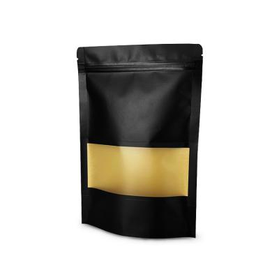 China Large Size Recyclable Matte Black Paper Bag Sealable Pouch Paper Tote Bag Sealable Food Coffee for sale