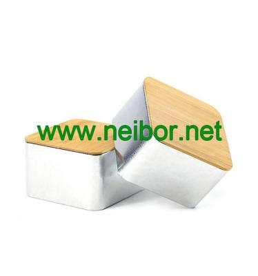 China kitchen use square storage tin container with bamboo lid for sale