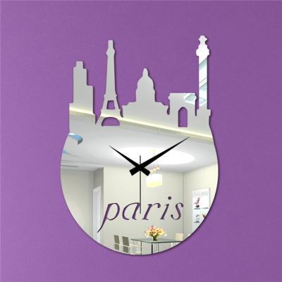 China Modern Design Creative Creative Clock Mirror Sticker 3d Wall Watch Paris Building Acrylic Wall Watch Decor for sale