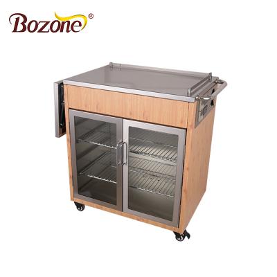 China Hotel BW-01 Stainless Steel Large Wooden Color Attendant Cabinet Wooden Glass Insulated Fast Food Warmer Display Cart For Catering for sale