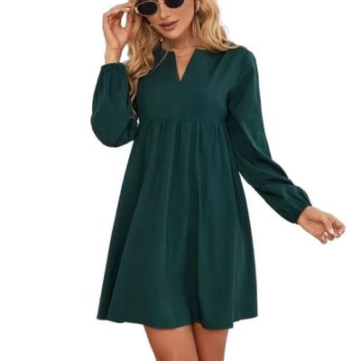 China 2021 Customs High Waist Solid Color Lantern Sleeve Anti-Static Shirt Wedge Collar Flared Casual Dress For Women for sale