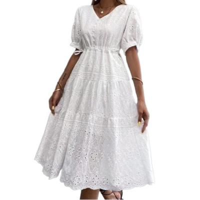 China New V-Neck Hole Embroidery Bubble Sleeve Round Waist Elegant Anti-Static Anti-Static Drawstring Round Casual Dress for sale