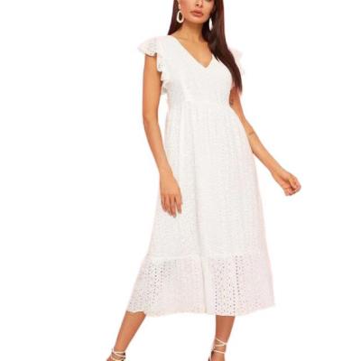 China Anti-static anti-static hot v-neckline around the hole embroidery throws high waist mid length embroidered casual dress for sale