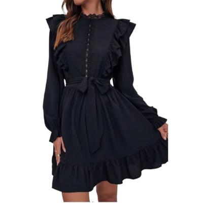 China New 2021 Anti-Static Design Embossed Lace Detail Throws Sleeve Side Ruffles Accessories Waist Personality Casual Dress For Women for sale