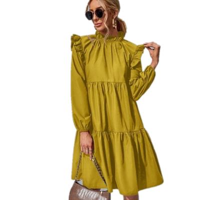 China High Quality Anti-Static Ruffles Trim Front Stand Collar Blouse Waist Pleated Top Casual Dress For Women for sale