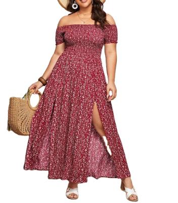 China Customized Hot Selling Anti Wrinkle Anti-Wrinkle Bohemian Plus Size Off Shoulder Cheerful Floral Slit Floral Dress For Women for sale