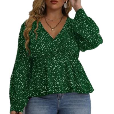 China 2021NEW QUICK DRY plus size Polka Dot Print Lotus Sleeve Lantern Dot Print Lotus Sleeve Lantern V-neckline V-neck top for women for sale