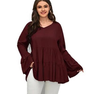 China AUSCHALINK- QUICK DRY V-Neckline Loose and Casual Ruffles Edge Belted Waist Long Sleeve Sheer Top Plus Size Sleeve Top for sale