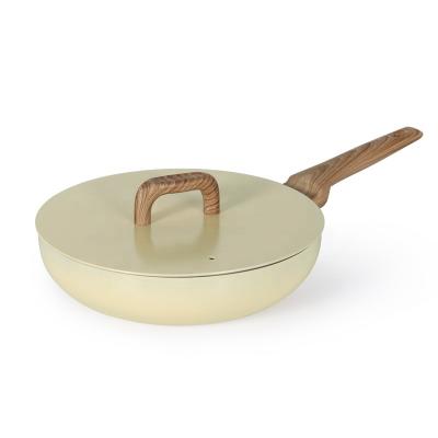 China Best viable wholesale price non-stick pressed aluminum fry pan with wooden handle and aluminum lid multifunctional frying pan for sale