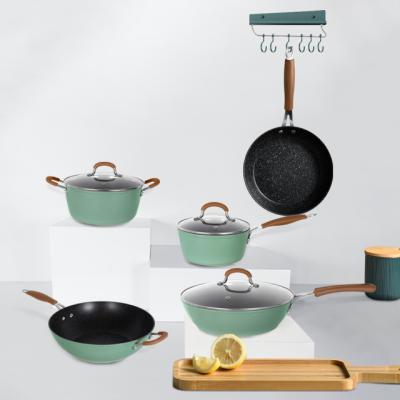 China 8pcs Oil Free Durable Forged Aluminum Green Marble Coating Non Stick Cookware Set Induction Cooking Pot and Pan for sale