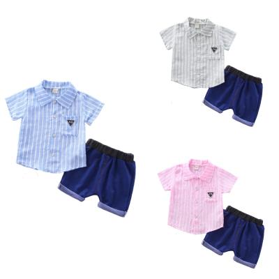 China 2021 Fashion New Casual Summer Boy Baby Boy Lapel Striped Shirt Solid Color Shorts Sleeve To Suit Suit Children Clothing Two Piece Set for sale