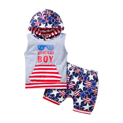 China 2021 Casual Suit 2PCS Fashion Baby Boy Clothes Striped Letter Print Hooded Top Star Shorts Toddler Kids Outfit Children Clothing Set for sale