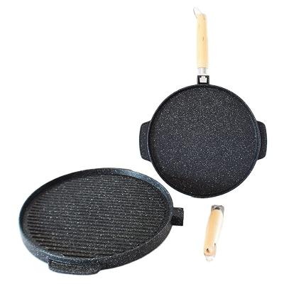 China Sustainable High Quality Die Cast Aluminum Marble Non Stick Double Side Frying Pan With Wooden Handle for sale