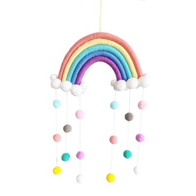 China Home Decor Handmade Woven Pom Pom Colorful Macrame Woven Cloud Cute Rainbow Macrame Tassel Wall Hanging Kids Room Decoration for sale