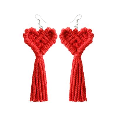 China 2022 New Amazon BOHEMIA Macrame Love Handmade Woven Heart Shaped Rope Braided Earrings Bohemian Tassel Earrings for sale