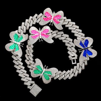 China Colorful 13 Mm Cuban Necklace Women's Hip-hop Butterfly Necklace Factory Wholesale Hip-Hop Diamond Shaped Necklace for sale