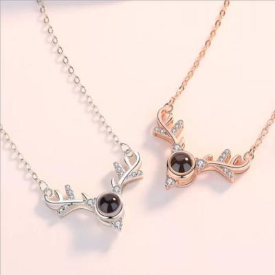 China Fashion 925 Sterling Silver Necklace in 100 Languages ​​I Love You Projected Zirconium Female Antler Necklace Pendant Factory Wholesale for sale