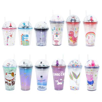 China Cute Cartoon Dinosaur Kawaii Drinking Cups Glitter Double Wall Plastic Tumbler Cup With Lid And Straw for sale