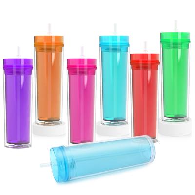 China USA Warehouse 16oz Clear Acrylic Tumbler With Lid And Reusable Straw Double Wall insulated Skinny Tumblers for sale