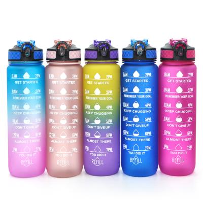 China 32 oz Portable Gradient Gym Fitness Sports Leakproof Tritan Plastic Motivational Water Bottle With Time Marker for sale