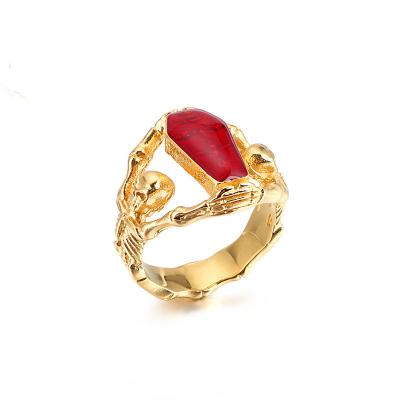 China Hiphop fashion cool men's hip hop ring fine pvd gold stainless steel ring vampire coffin ring for sale