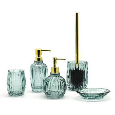 China Viable Elegant Ribbed Texture Green Glass Bathroom Accessories Set for sale